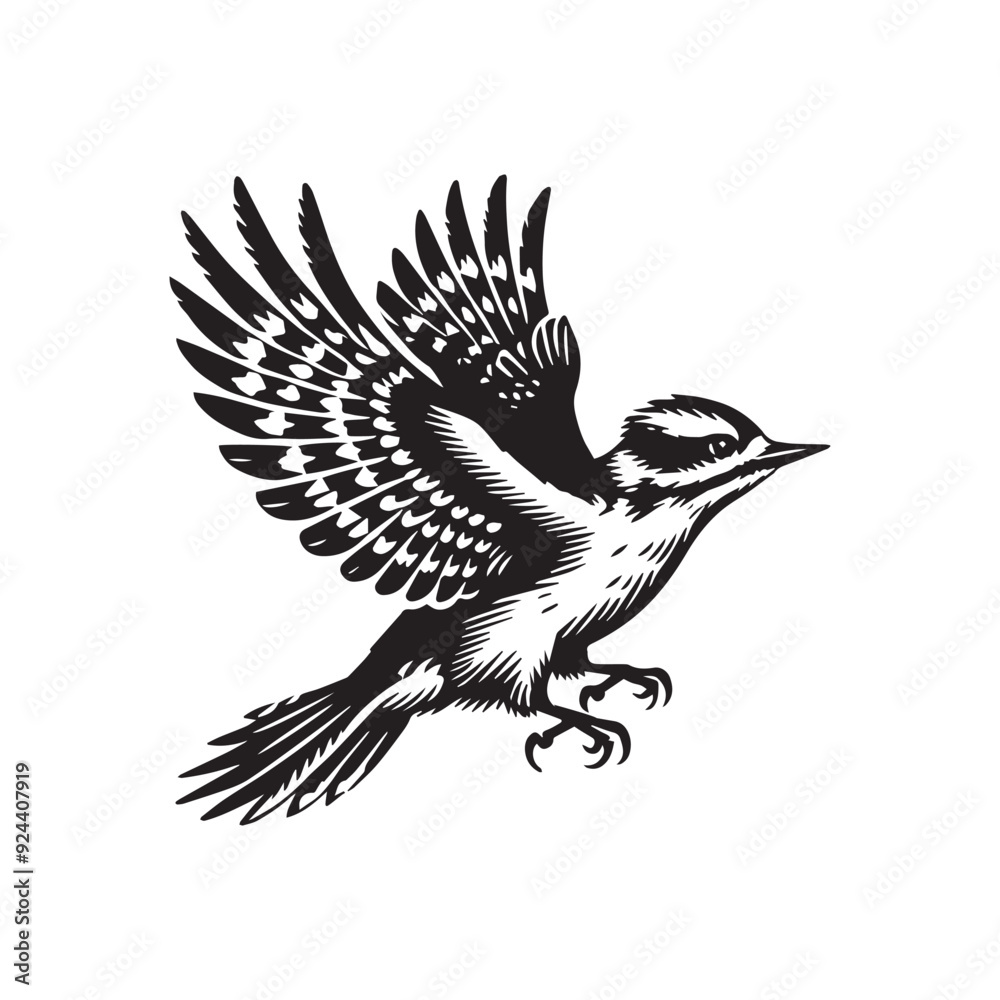 Naklejka premium Downy woodpecker silhouette, Woodpecker Bird Clipart, Letteringdowny woodpecker flight wings fully illustration