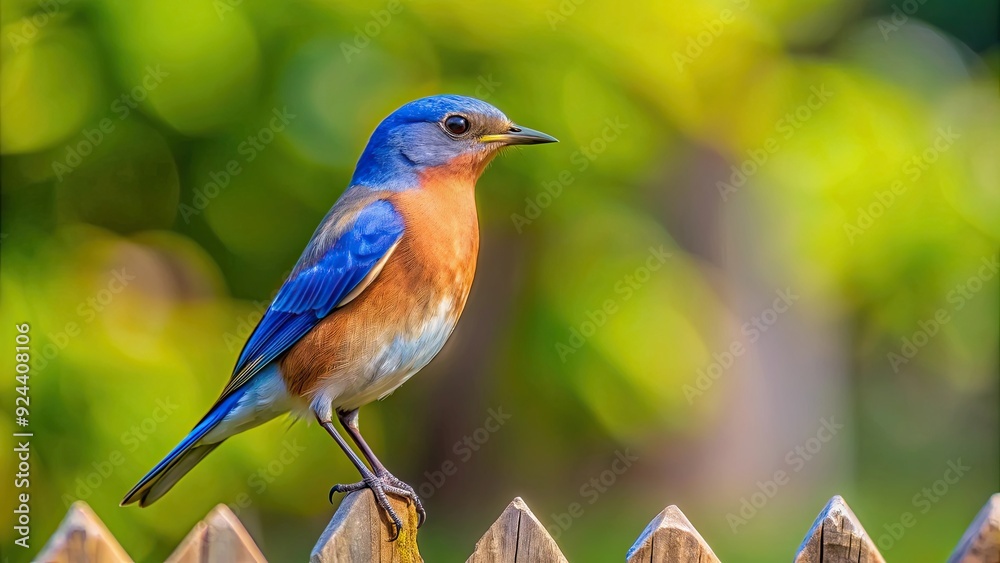 Obraz premium Eastern Bluebird perched on a fence in a garden, Eastern Bluebird, bird, wildlife, nature, blue, feathers, perched, fence, garden