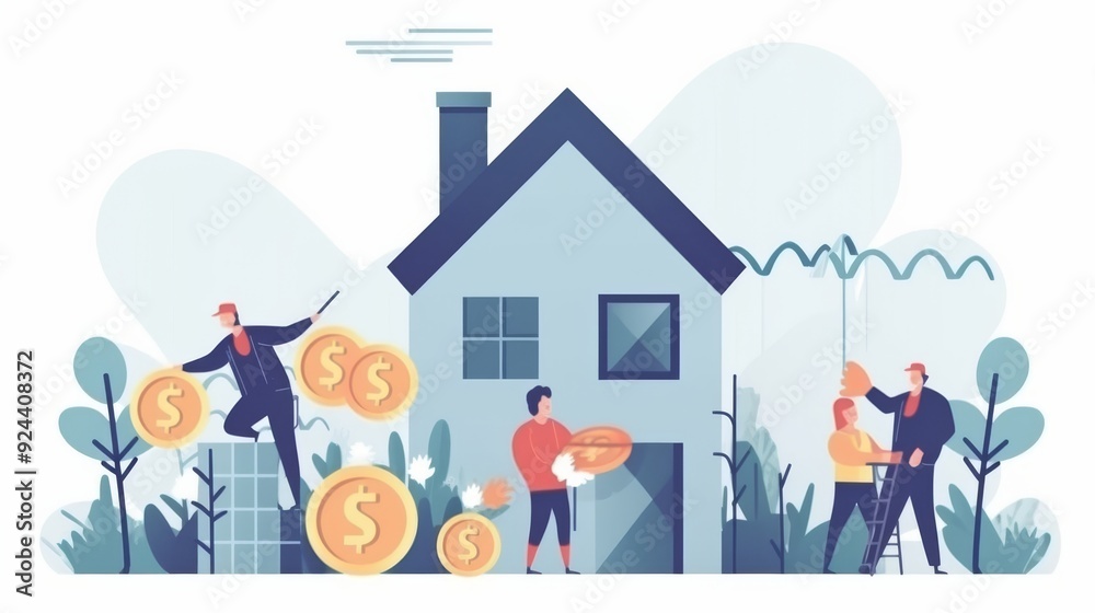 A group of people are working on a house, with a pile of money in the foreground A group of people are working on a house, with a pile of money in the foreground