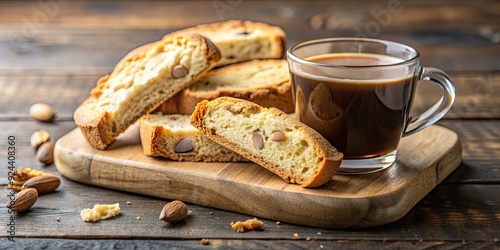 Traditional Italian almond biscotti served on wooden board with cup of aromatic coffee, Italian, almond, biscotti, wooden, board