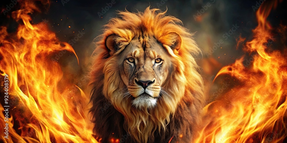 A powerful lion engulfed in flames, wildlife, fire, danger, majestic, fiery, intense, burning, feline, inferno A powerful lion engulfed in flames, wildlife, fire, danger, majestic, fiery, intense, burning, feline, inferno
