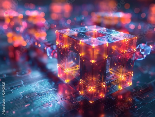 A 3D visualization of a blockchain structure, representing security, transparency, and decentralized systems. photo