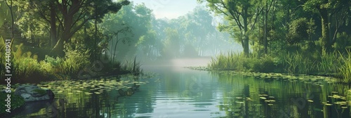 Peaceful Riverbank Setting Surrounded by Lush Greenery and Calm Waters Beneath a Clear Sky photo