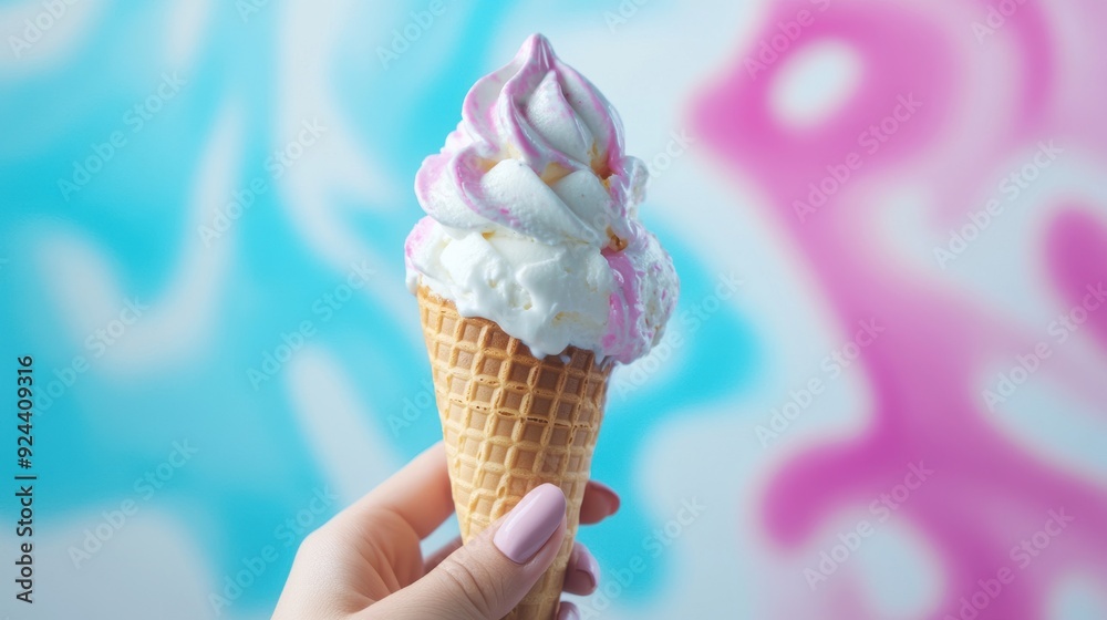 A homemade ice cream cone is elegantly held by a mannequin hand, with a backdrop of vibrant, colorful abstract art. A homemade ice cream cone is elegantly held by a mannequin hand, with a backdrop of vibrant, colorful abstract art.
