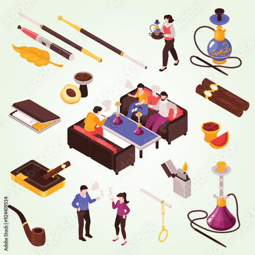 Isometric hookah tobacco smoke set with isolated icons of smoking accessories and people on blank background vector illustration