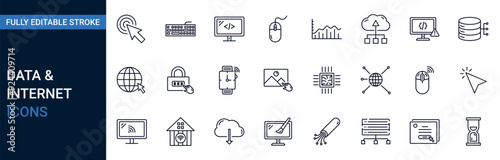 
Data and internet icon set in editable line stroke. Containing online, web, computer, network, technology, website, server, web design, hardware, programming.