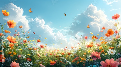 A whimsical cartoon spring meadow filled with colorful flowers and fluttering butterflies, under a bright blue sky with fluffy clouds.