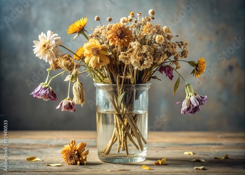 Delicate dried flowers wilt in a glass vase, symbolizing the devastating effects of dehydration, emotional exhaustion, and environmental neglect, echoing the cry of a parched planet. photo