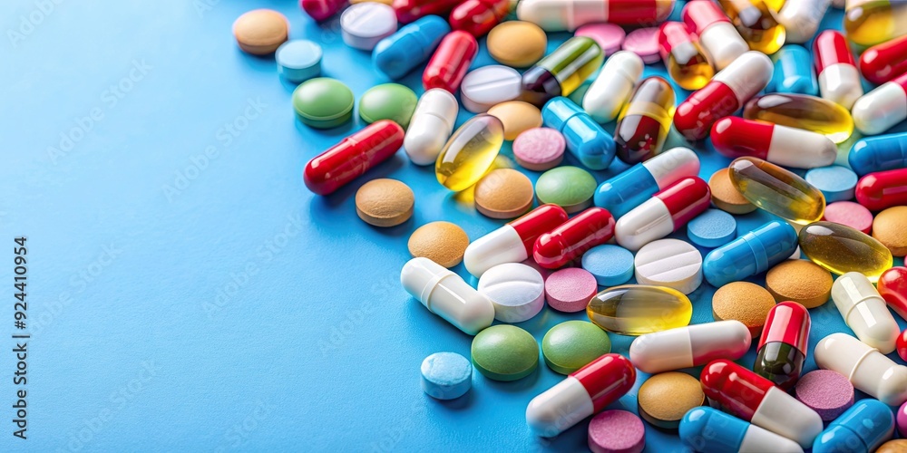 Assorted pharmaceutical medicine pills, tablets, and capsules over blue background, medicine, pills, tablets, capsules Assorted pharmaceutical medicine pills, tablets, and capsules over blue background, medicine, pills, tablets, capsules