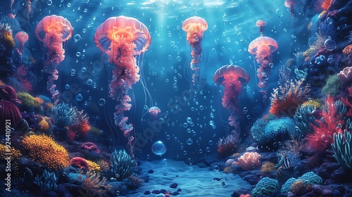 A whimsical cartoon underwater world with cute sea animals like jellyfish, seahorses, and crabs playing around colorful coral reefs, vibrant corals, and floating bubbles.