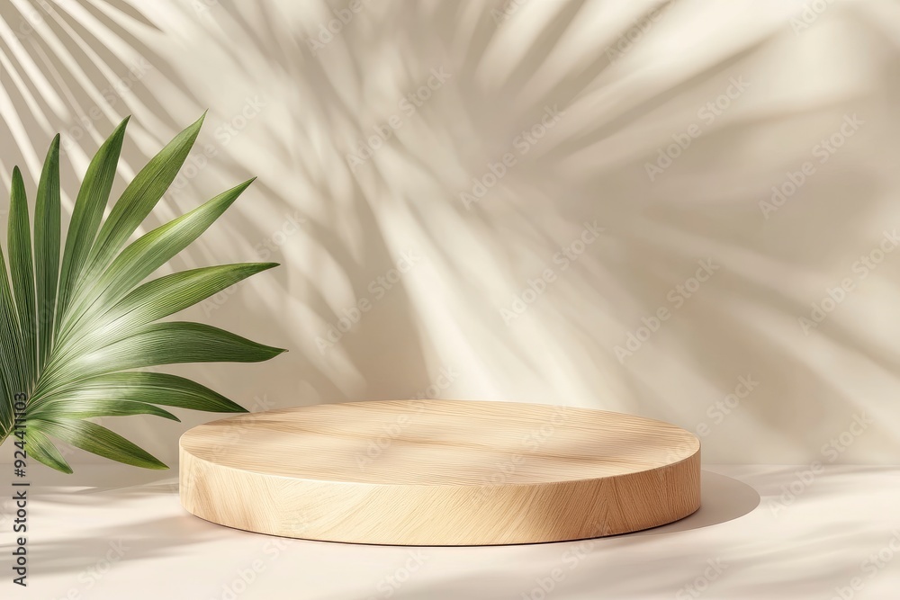 Round light brown wooden 3d product podium with green plant leaf and natural shadow on pastel wall. with generative ai Round light brown wooden 3d product podium with green plant leaf and natural shadow on pastel wall. with generative ai