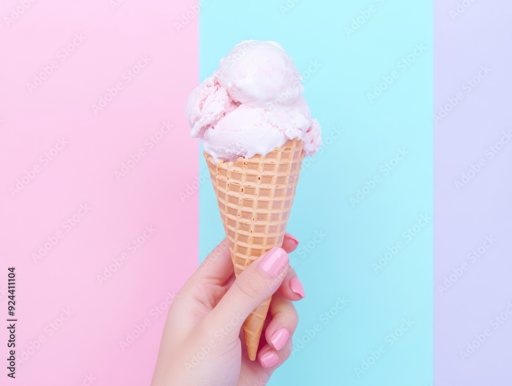 A top view captures a hand holding a homemade ice cream cone against a vintage pastel background. A top view captures a hand holding a homemade ice cream cone against a vintage pastel background.
