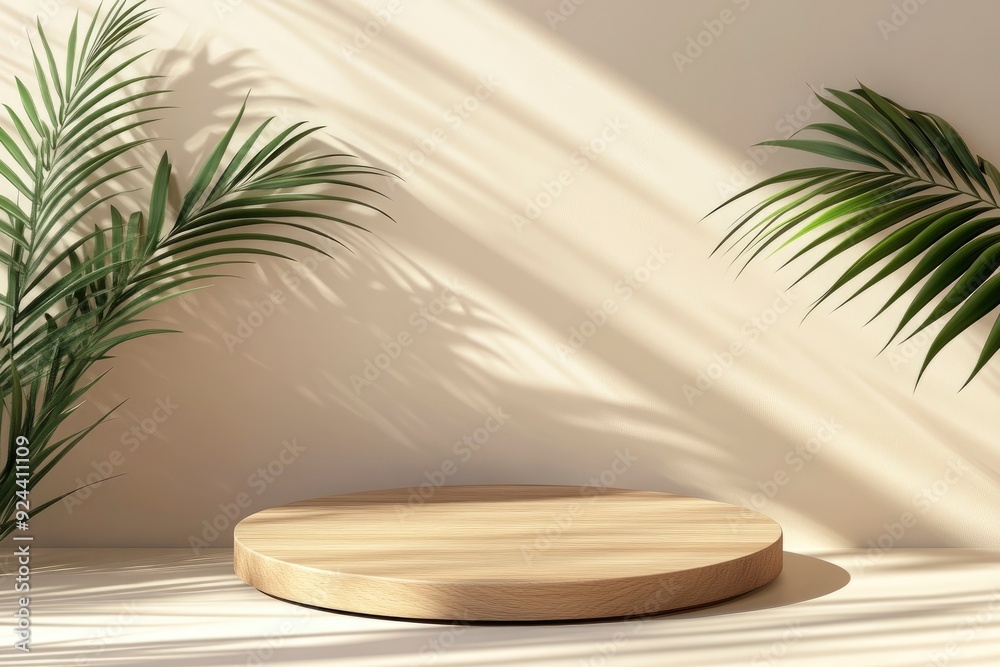 Round light brown wooden 3d product podium with green plant leaf and natural shadow on pastel wall. with generative ai Round light brown wooden 3d product podium with green plant leaf and natural shadow on pastel wall. with generative ai