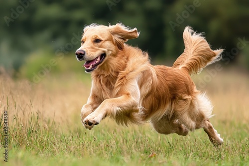 A dog running in a field, with the grass patterns appearing as part of the dog fur