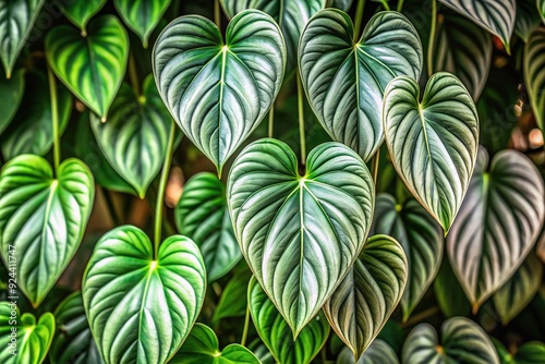 Delicate heart-shaped leaves with striking silver stripes cascade down from this lush, trailing Philodendron plant, creating a beautiful, tropical-inspired display. photo