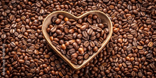 Delicate heart-shaped dish overflowing with freshly roasted coffee beans, set against a textured background of coffee beans, evoking a sense of love and warmth for coffee enthusiasts. photo