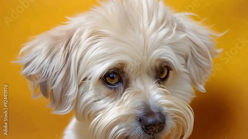 A Maltese white dog with a shaggy haircut sits in front of a yellow background with empty copy space for text. Generative AI