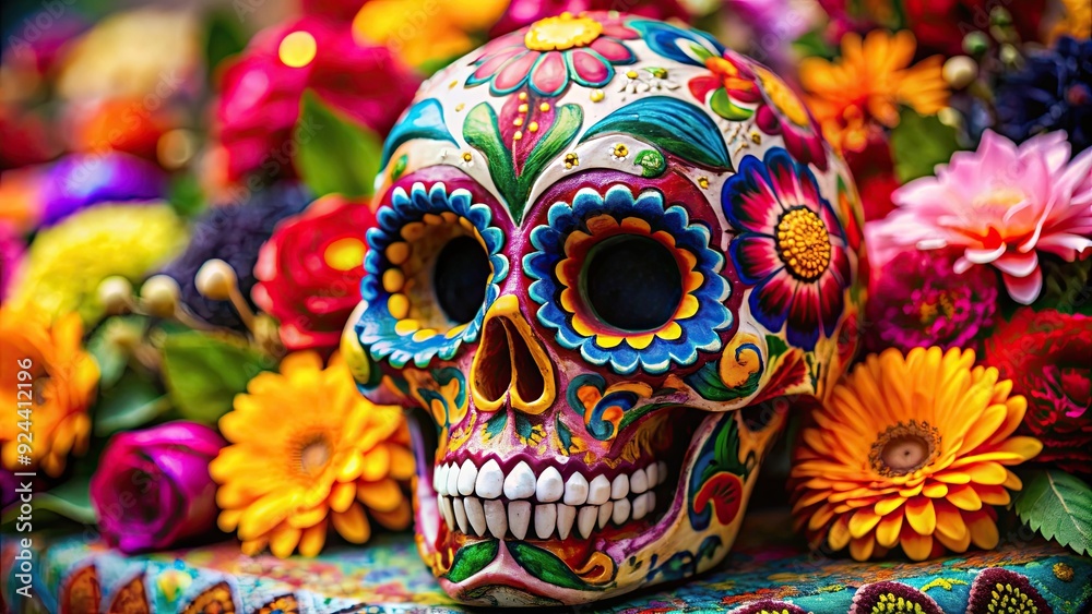 Skull decorated for Day of the Dead with colorful flowers and intricate patterns, selective focus, skull
