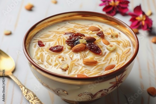 Khir or kheer payasam also known as Sheer Khurma Seviyan consumed especially on Eid or any other festival in India/Asia. Served with dry fruit toppings in a ceramic bowl photo