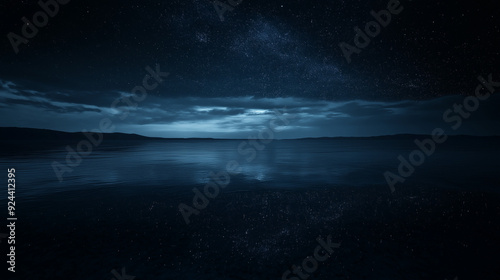 Beach, midnight, starry sky, water reflections, tranquility.