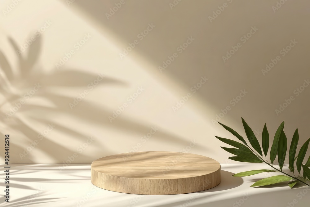 Round light brown wooden 3d product podium with green plant leaf and natural shadow on pastel wall. with generative ai Round light brown wooden 3d product podium with green plant leaf and natural shadow on pastel wall. with generative ai