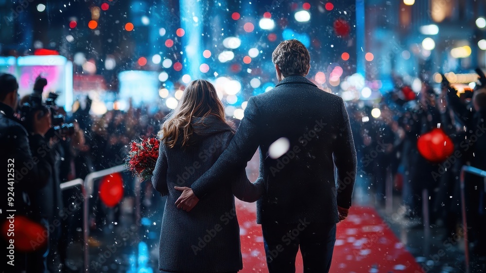 Celebrity couple walking red carpet amidst flashing cameras and fans. Celebrity couple walking red carpet amidst flashing cameras and fans.