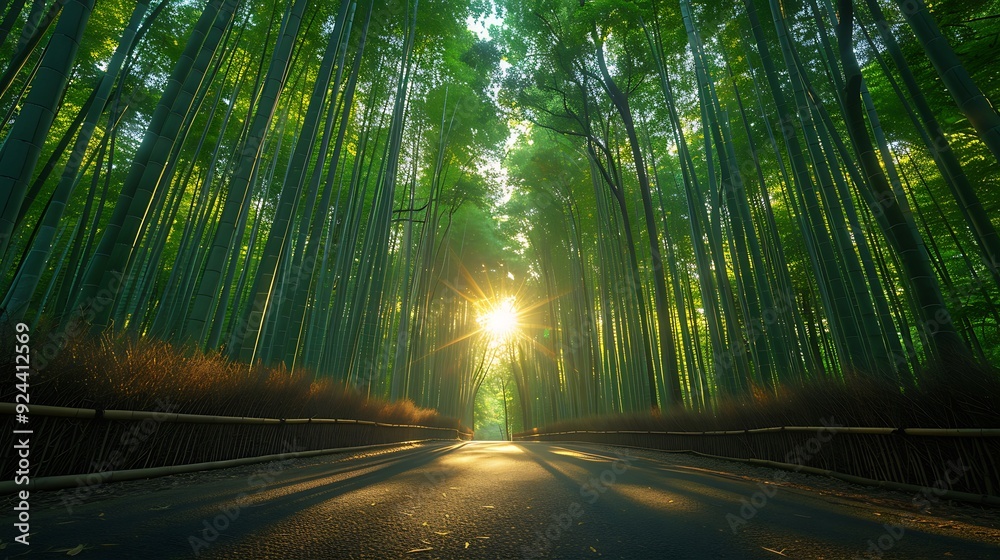 Obraz premium A captivating photograph of Arashiyama Bamboo Grove, sunlight streaming through the dense bamboo, casting intricate patterns on the forest floor, tranquil and serene atmosphere, vivid greens,