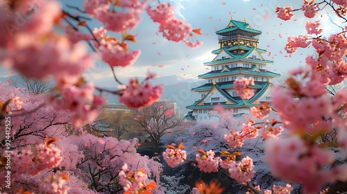 A captivating image of Osaka Castle surrounded by cherry blossoms, soft pastel hues of spring, morning light illuminating the scene, petals gently falling, tranquil and serene atmosphere, high detail,