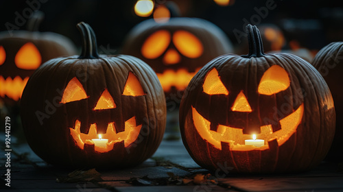 The image showcases several carved pumpkins, commonly known as jack-o'-lanterns, with lit candles inside them, creating a warm, glowing effect. These pumpkins feature various facial expressions, from 