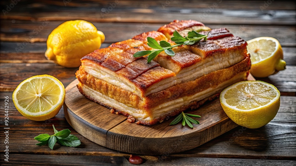 Crispy golden pork belly with lemons , Deep fried, crispy, pork belly, lemon, table, food, delicious, savory, meal, cuisine Crispy golden pork belly with lemons , Deep fried, crispy, pork belly, lemon, table, food, delicious, savory, meal, cuisine