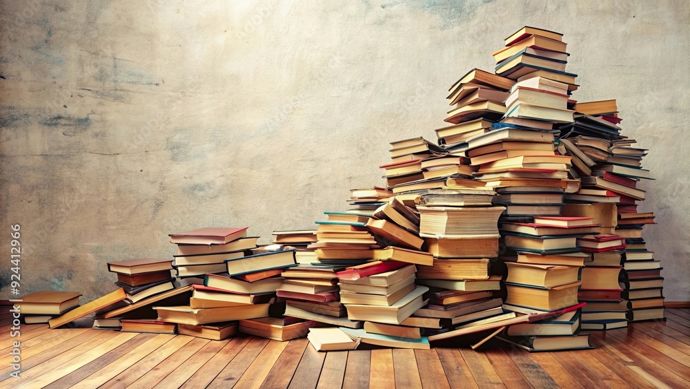 Obraz premium Books piled on the floor in a messy stack , education, literature, reading, library, disorganized, clutter