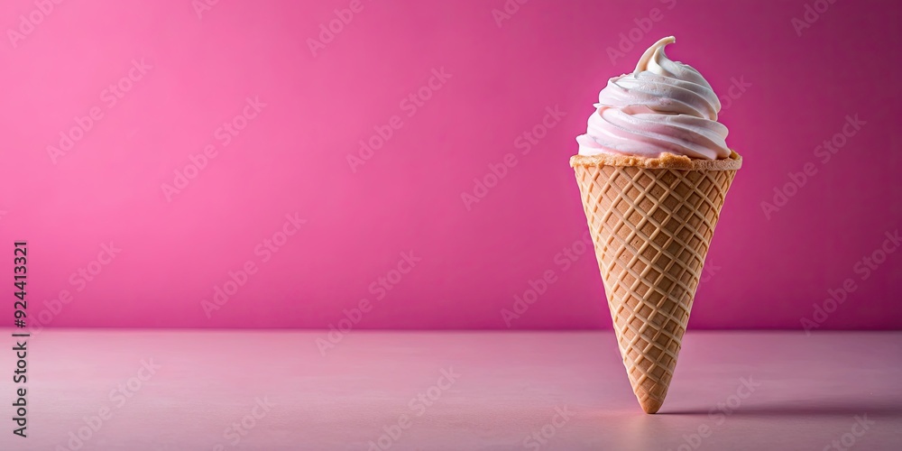 Closeup shot of sweet ice cream in a waffle cone on a pink background, ice cream, waffle cone, dessert, sweet, melting Closeup shot of sweet ice cream in a waffle cone on a pink background, ice cream, waffle cone, dessert, sweet, melting