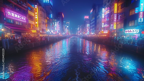 A captivating view of Dotonbori at night, vibrant neon signs reflecting off the canal, busy streets with lively crowds, iconic Glico Man sign glowing brightly, energetic and vibrant atmosphere, photo