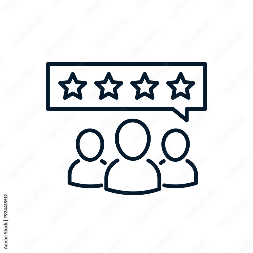 Group of people, five stars. Consumer feedback concept. Vector linear icon isolated on white background. Group of people, five stars. Consumer feedback concept. Vector linear icon isolated on white background.