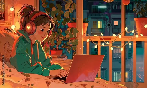 Teenage girl in headphones working on laptop in a warm, decorated room.  A peaceful nighttime study session featuring a young woman working on her laptop while enjoying ambient music.