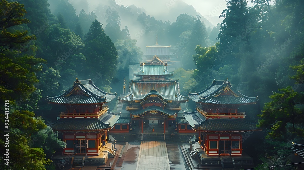 Obraz premium A captivating view of Nikko temples, intricate architecture enveloped by towering cedars, gentle sunlight casting dappled shadows, peaceful and serene setting, rich colors, hd quality, natural look.