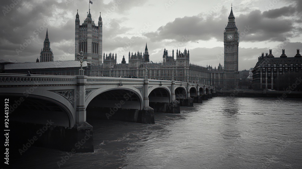Naklejka premium Black and White View of the Houses of Parliament and Big Ben