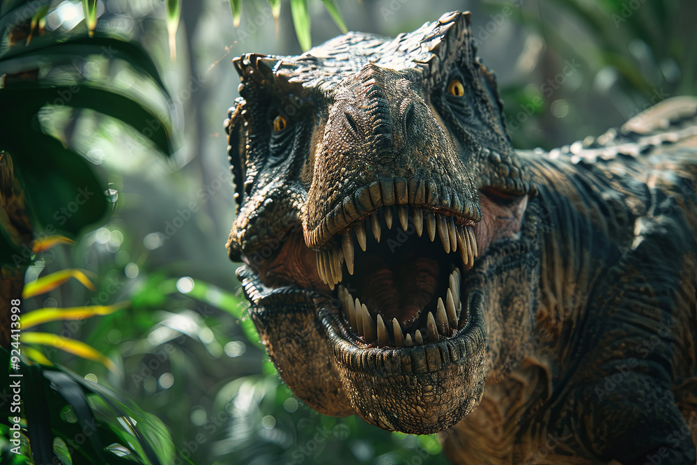 Obraz premium Panorama of T-rex dinosaur in prehistoric jungle