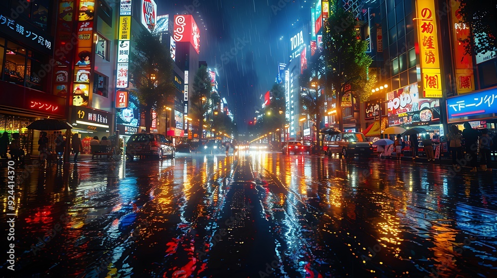 A lively view of Akihabara district, anime billboards illuminating the streets, bustling crowds, vibrant neon lights reflecting off wet pavement, the essence of Tokyo nightlife, rich colors, A lively view of Akihabara district, anime billboards illuminating the streets, bustling crowds, vibrant neon lights reflecting off wet pavement, the essence of Tokyo nightlife, rich colors,