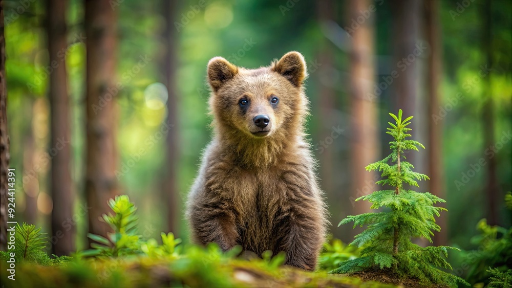 Obraz premium Adorable brown bear cub standing in a forest , wildlife, nature, animal, baby, cute, mammal, wilderness, fur, young, adorable, brown