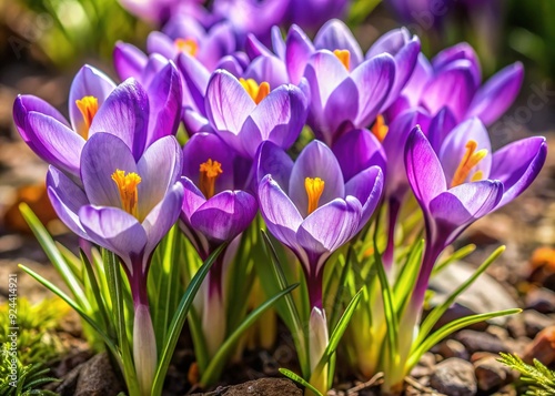 Delicate purple Crocus vernus flowers, native to Alpine and Balkan regions, bloom in early spring, adding vibrant color to natural landscapes and ornamental gardens.