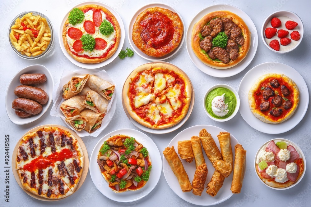 Set of various plates of food, top view, isolated on white background. Grilled chicken with vegetables, with generative ai Set of various plates of food, top view, isolated on white background. Grilled chicken with vegetables, with generative ai