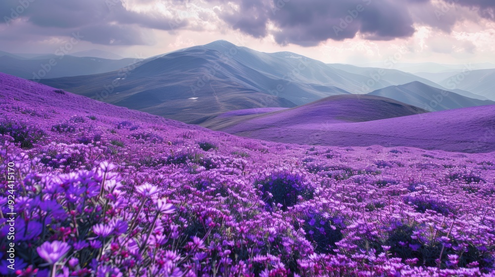 A breathtaking landscape featuring rolling hills covered in vibrant purple flowers under a dramatic cloudy sky. A breathtaking landscape featuring rolling hills covered in vibrant purple flowers under a dramatic cloudy sky.