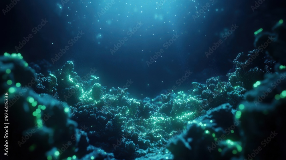 Fototapeta premium Plankton float in the deep ocean, surrounded by glowing pathways that visualize the carbon cycle.