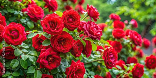 Fototapeta Naklejka Na Ścianę i Meble -  Red roses bush with vibrant red blooms and lush green leaves, flowers, red, roses, bush, garden, petals, blooming, nature
