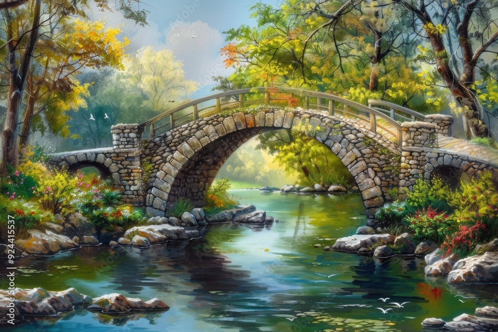 A serene landscape featuring a stone bridge over a calm river, surrounded by lush greenery and colorful autumn foliage. A serene landscape featuring a stone bridge over a calm river, surrounded by lush greenery and colorful autumn foliage.