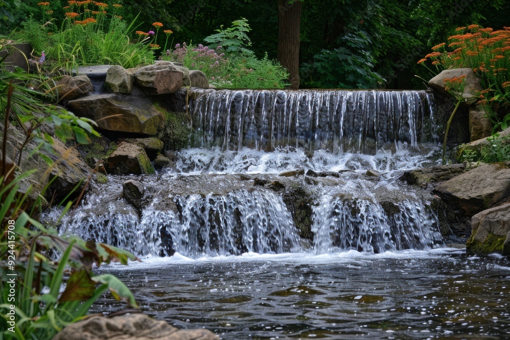 Obraz premium A serene waterfall cascading over rocks, surrounded by lush greenery, creating a peaceful environment for relaxation and nature appreciation.