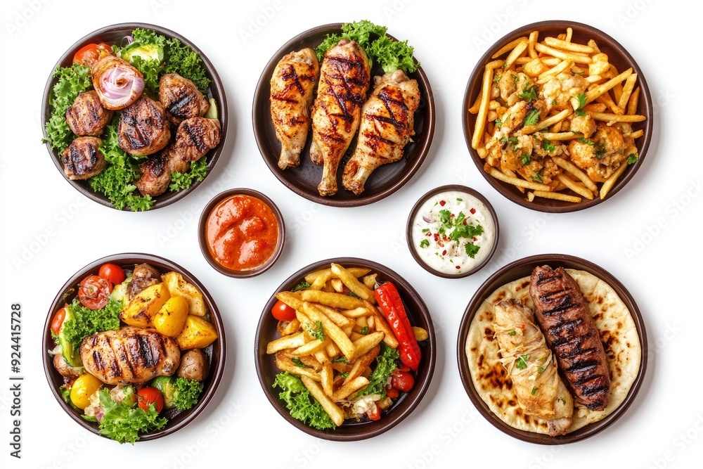 Set of various plates of food, top view, isolated on white background. Grilled chicken with vegetables, with generative ai Set of various plates of food, top view, isolated on white background. Grilled chicken with vegetables, with generative ai