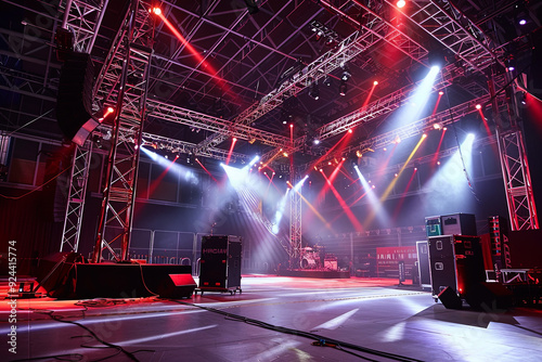 Live stage production setup with rigging equipment and lighting trusses in a central stage venue