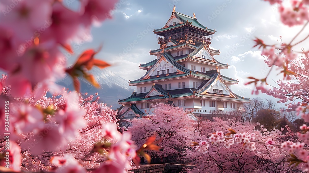 A picturesque scene of Osaka Castle surrounded by cherry blossoms, vibrant pink petals in full bloom, sunlight creating a warm glow, serene spring atmosphere, rich colors, high detail, hd quality, A picturesque scene of Osaka Castle surrounded by cherry blossoms, vibrant pink petals in full bloom, sunlight creating a warm glow, serene spring atmosphere, rich colors, high detail, hd quality,